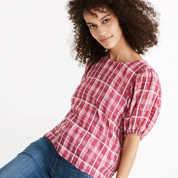 MADEWELL Plaid Puff Sleeve Top in Azalea Plaid Boho Preppy - Size M - Picture 1 of 14